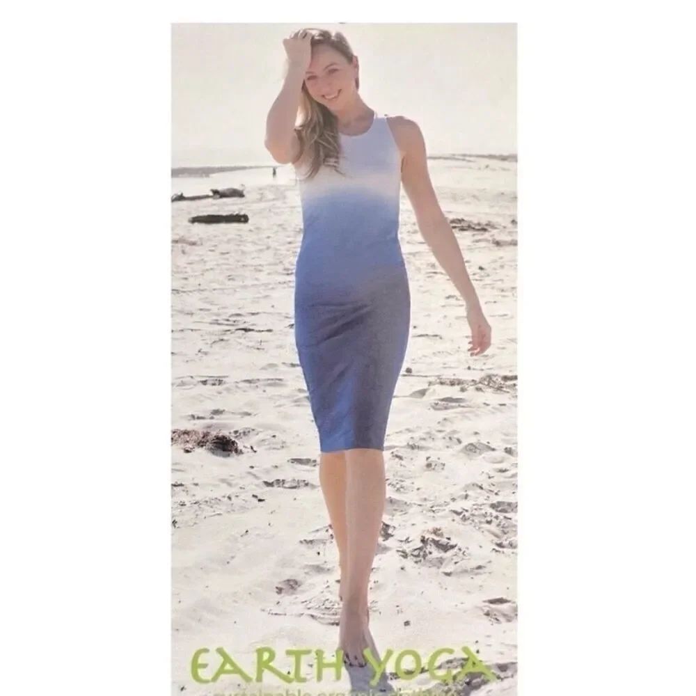 Earth Yoga Bamboo Organic Gray To Blue Ombré Tie Dye Tank Midi Dress sz L NWOT